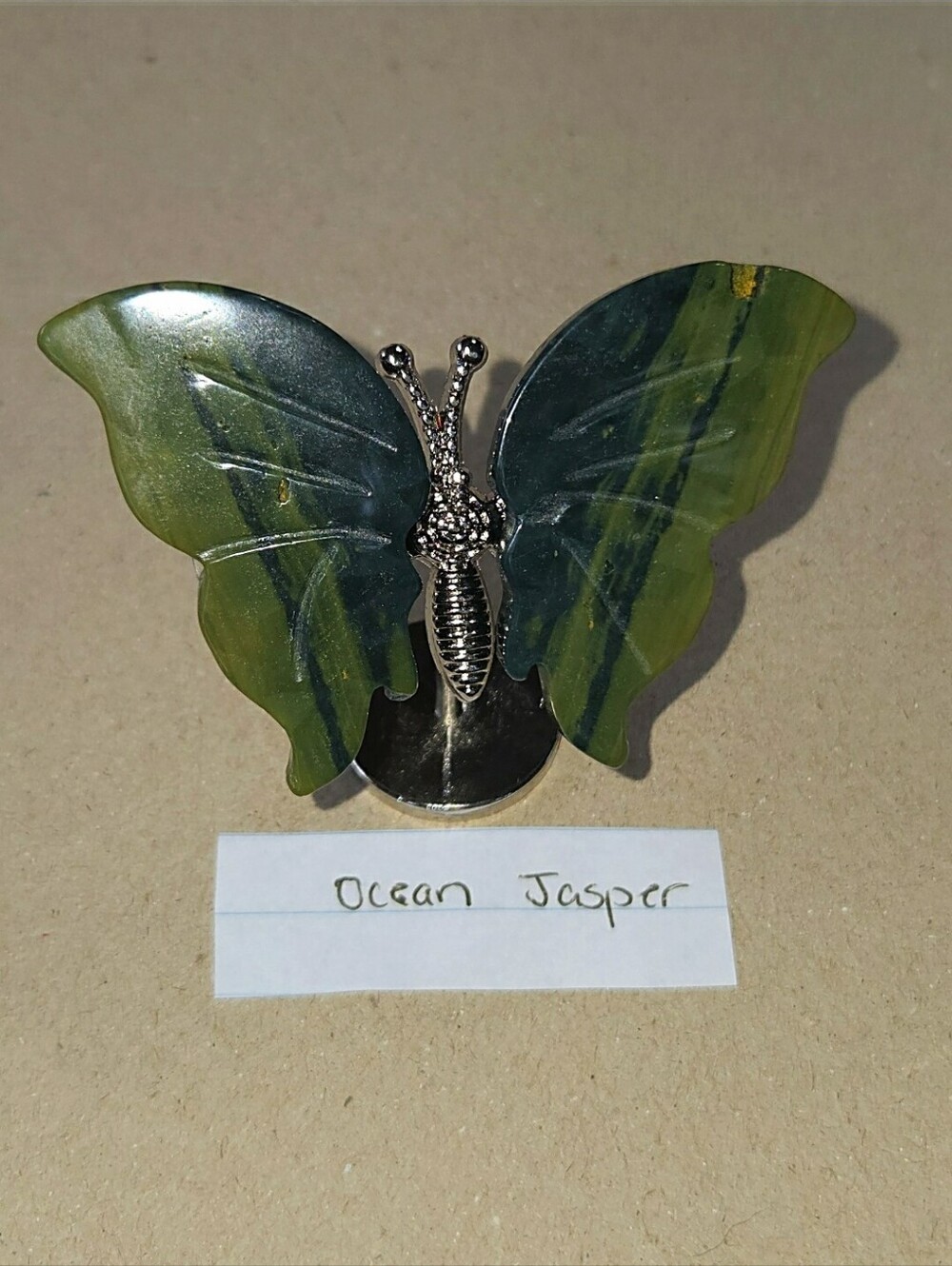 Ocean Jasper Crystal Butterfly Wings On Metal Body Stand